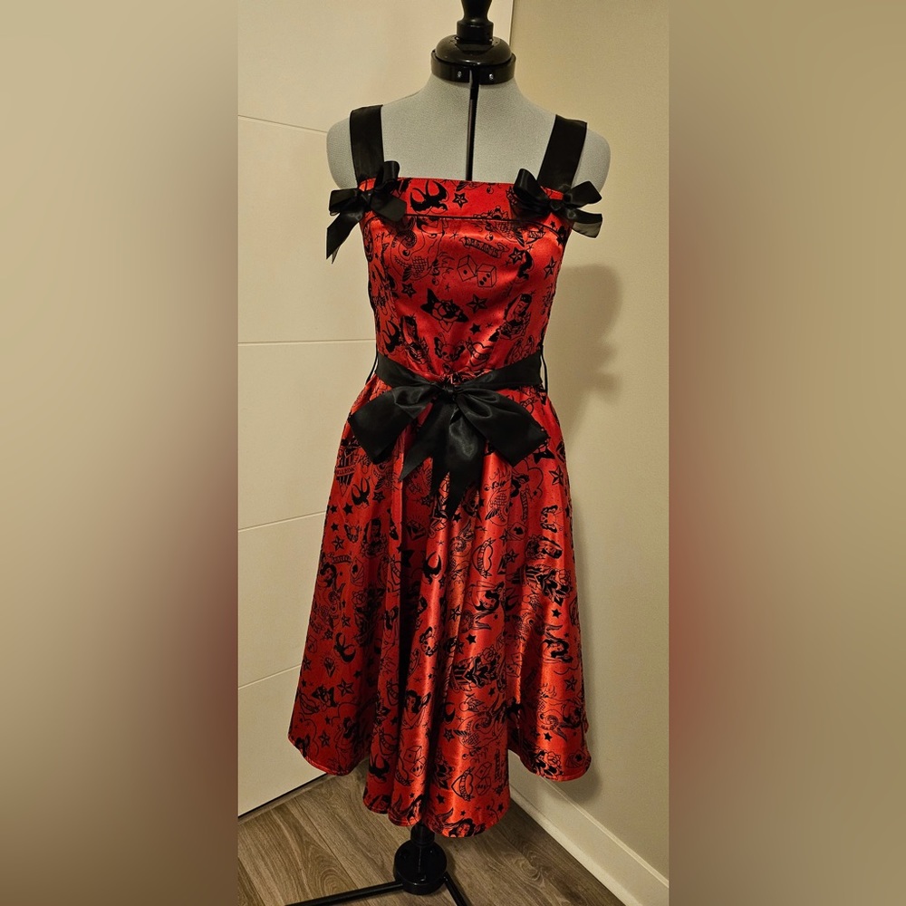 Deadstock red satin tattoo print swing dress size xs